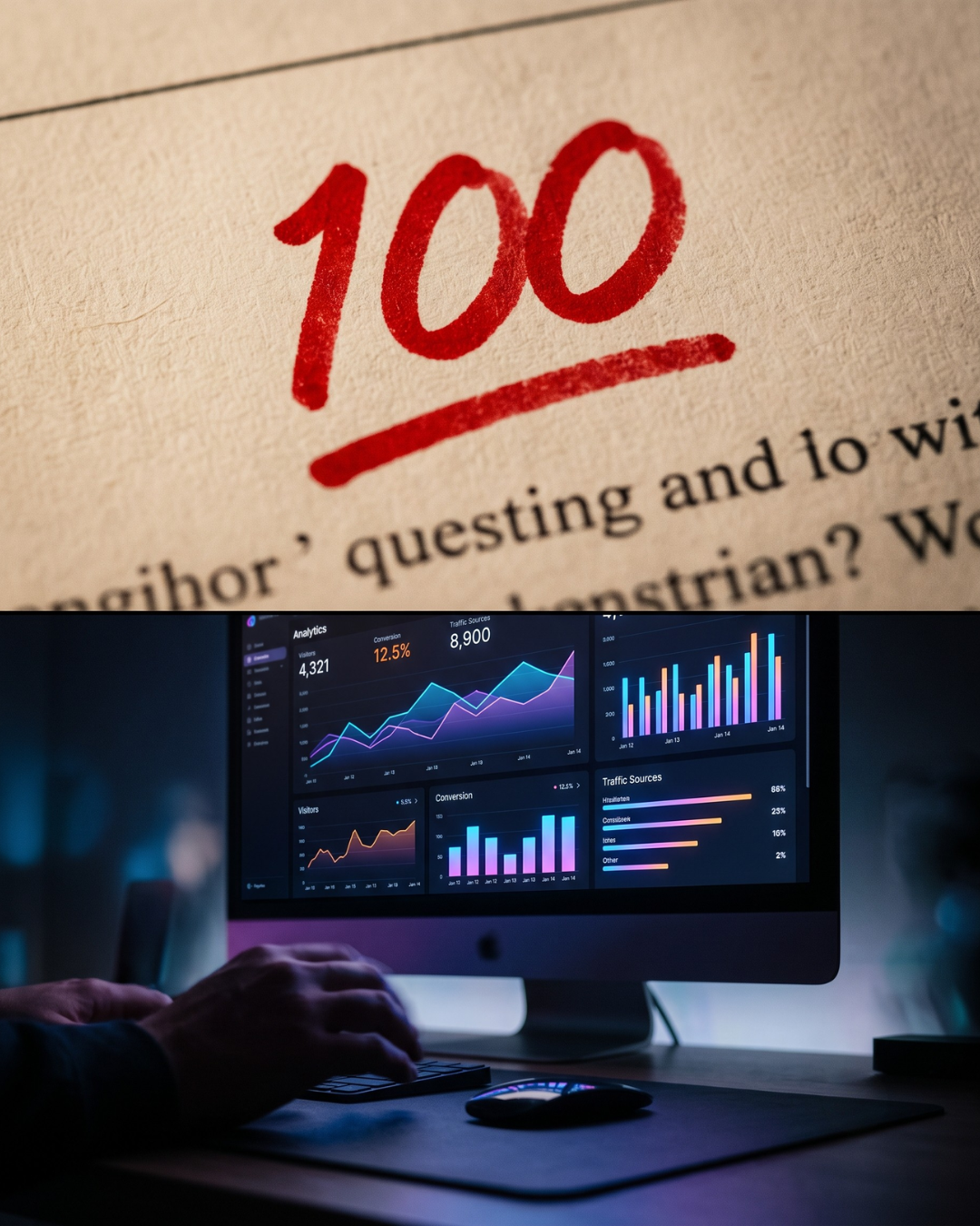 A split-screen showing a perfect 100 score written in red ink on a paper test above a person analyzing a digital data dashboard on a computer monitor.