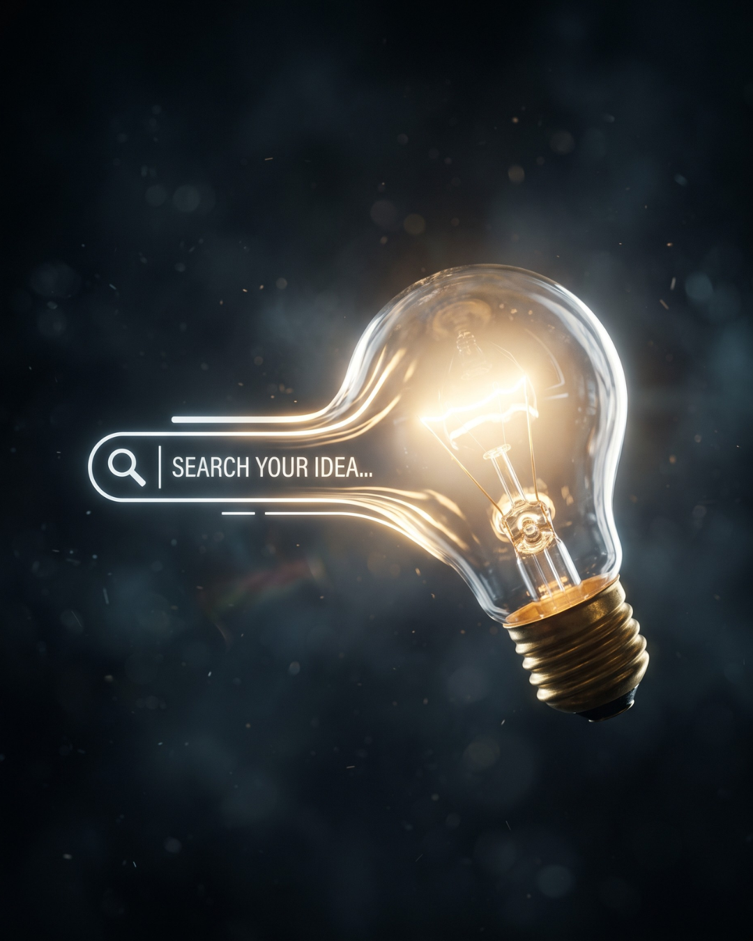 A masterfully captured cinematic macro photograph showing a sleek glowing digital search bar physically morphing into a luminous, bright glass lightbulb, floating against a moody dark void with volumetric fog.
