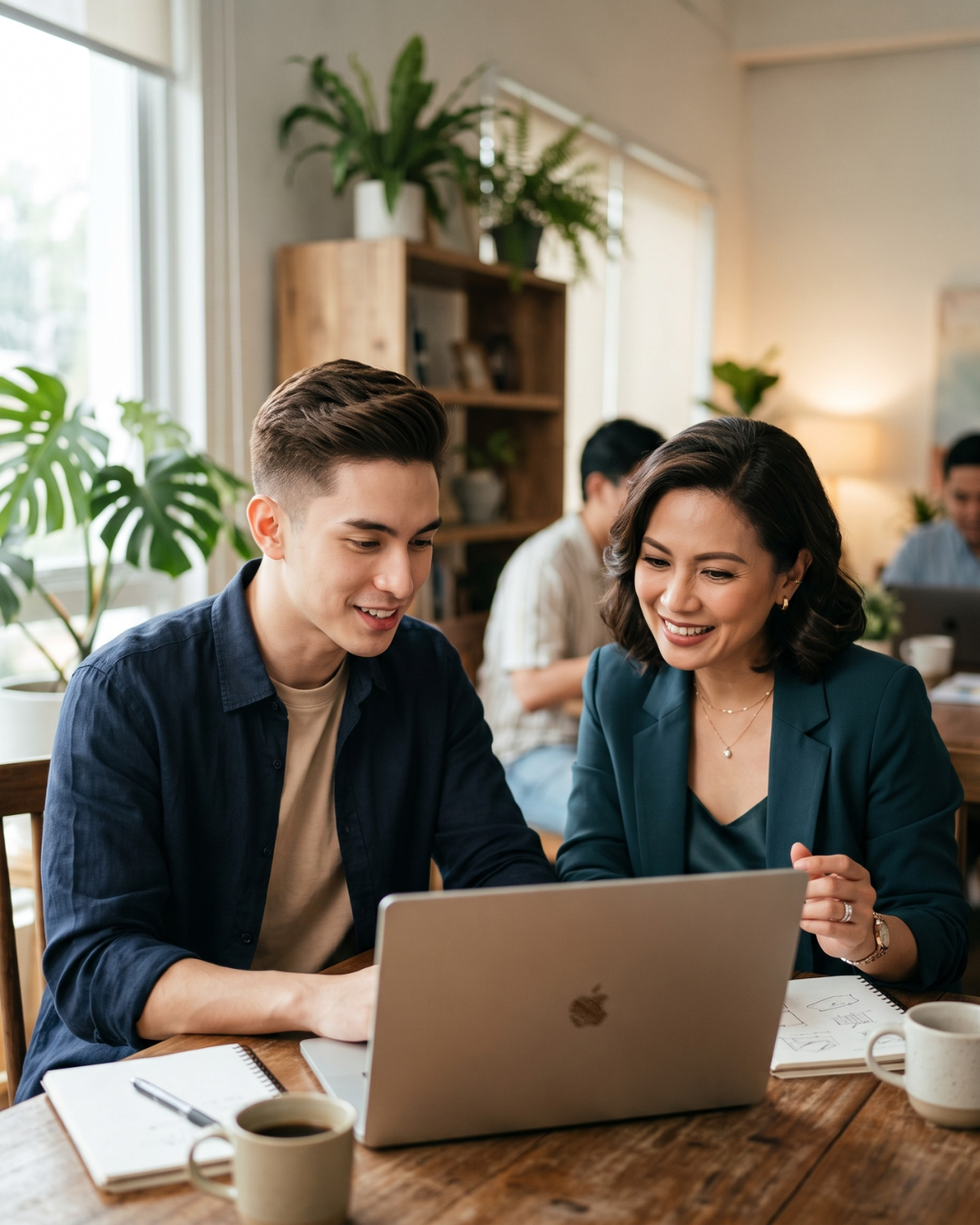 A candid medium shot of a young Filipino male creative and a sophisticated Filipina client collaborating over a laptop in a bright, daylight-filled agency office environment.