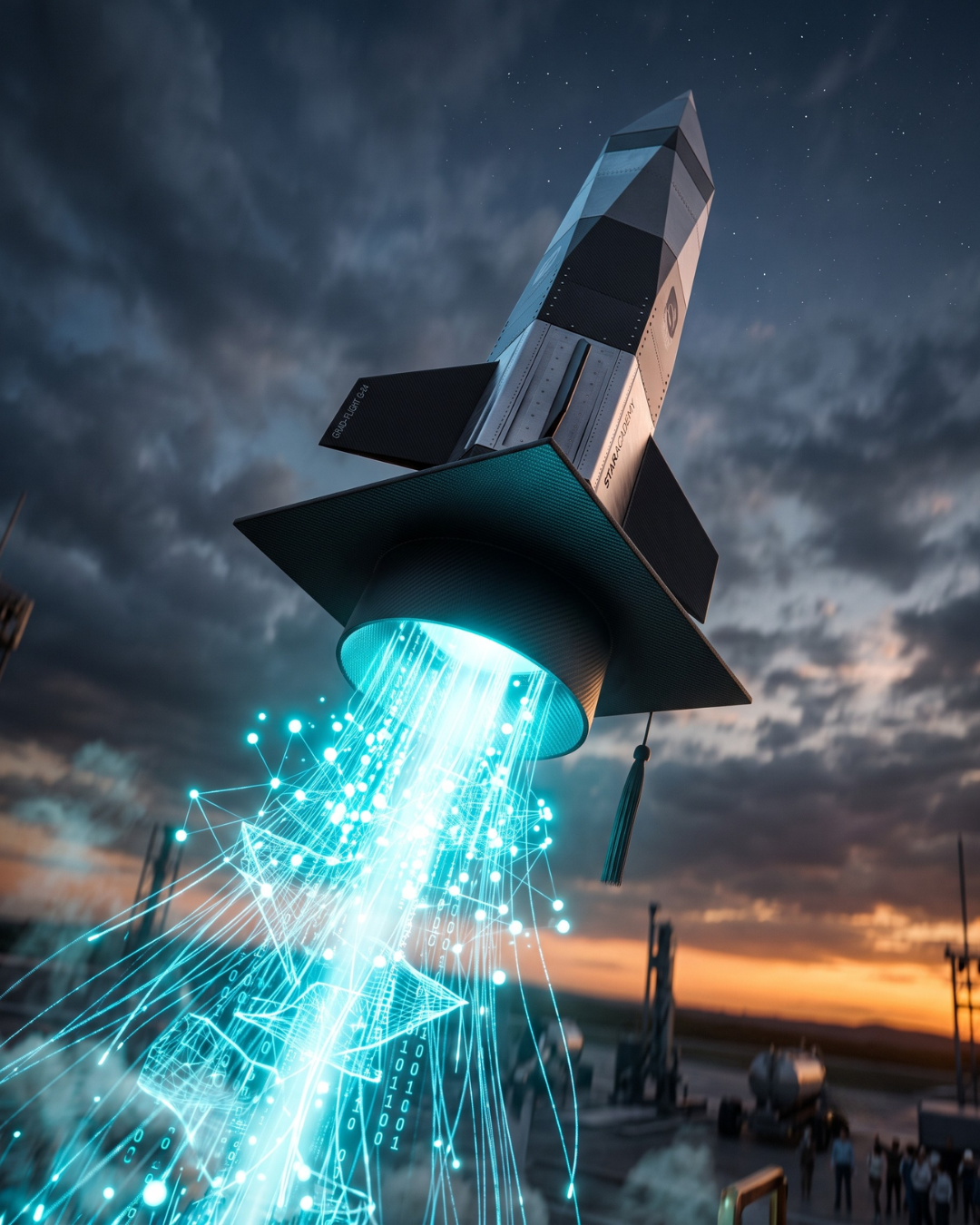 An ultra-realistic 8K cinematic photograph capturing a rocket ship launching into a moody sky, where the ship’s design incorporates a matte-black graduation cap as its base, trailing a brilliant wake of cyan digital nodes and data streams instead of smoke.