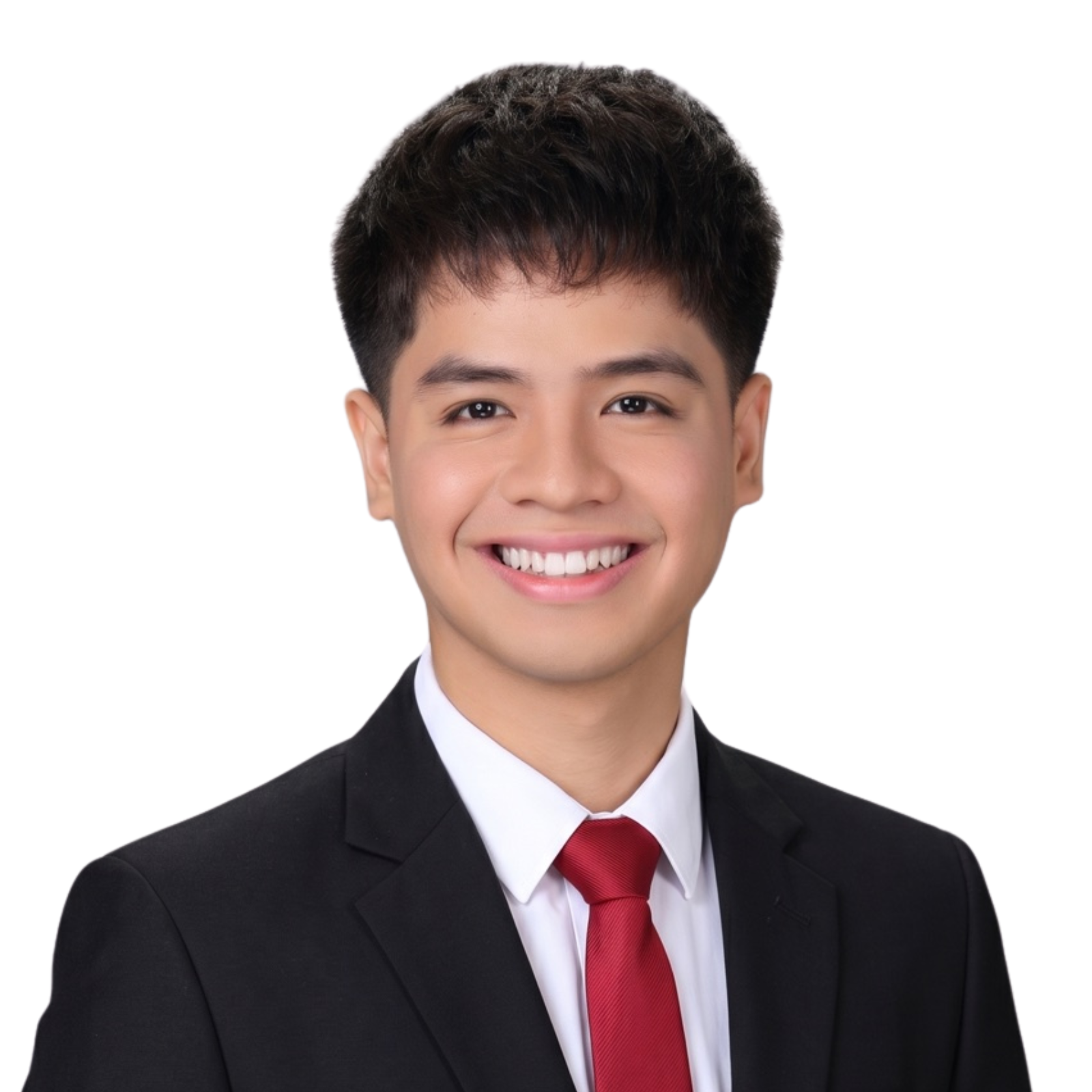 Professional headshot of John Carlo Reyes, Multimedia and Digital Solutions Associate, wearing a black suit and red tie.